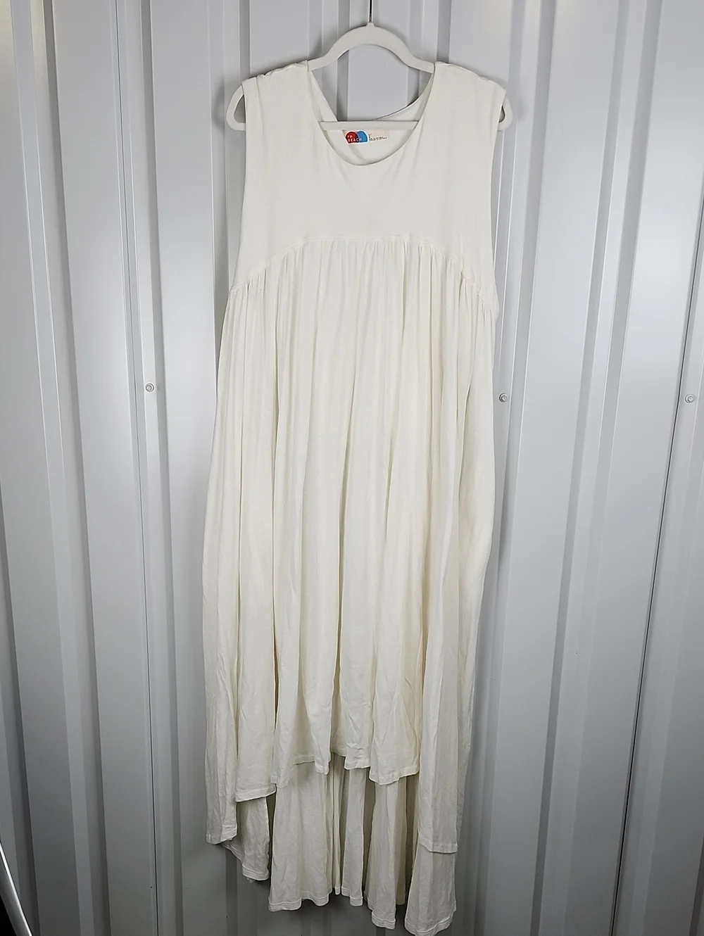 FP Beach Hi-Low Maxi Dress Cream Cotton Gauze Sz Large Minimalist Neutral Boho